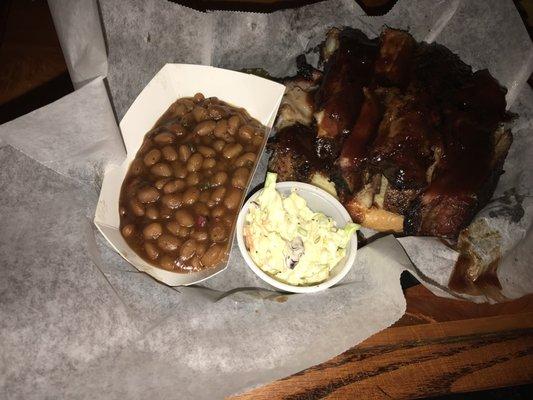 Rib Sandwich, slaw , and baked beans