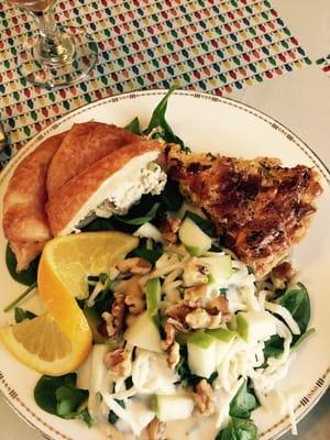 Apple walnut salad, bacon and cheese quiche and chicken salad on a croissant!