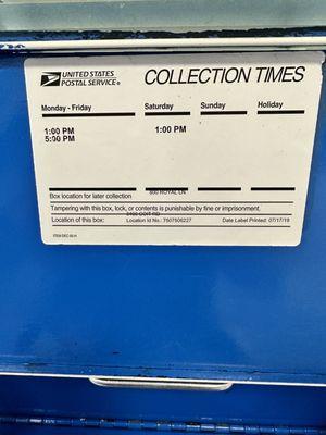 Collection times (drop box inside)