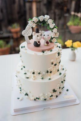 Two tier cake with original flavor and strawberries! It was so good!! (cake topper by HANAforest on Etsy)