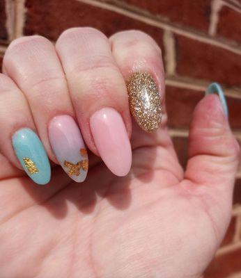 Hand painted Ombre manicure with gold leaf accents. Best salon on the East Coast!