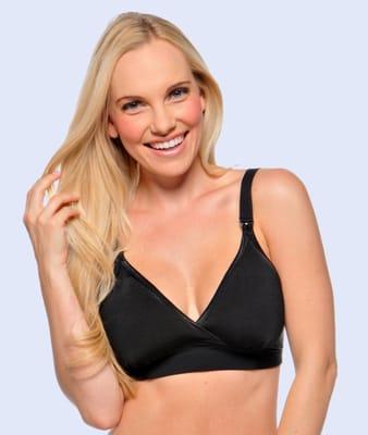 The smoothly devine nursing bra goes up to an F cup and come in nude and black.