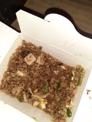 Chicken fried rice very low quality chicken.   Looked like processed, low grade chicken loaf cut up.  Very disappointed.