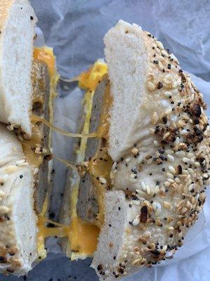 Sausage egg and cheese on an everything bagel.