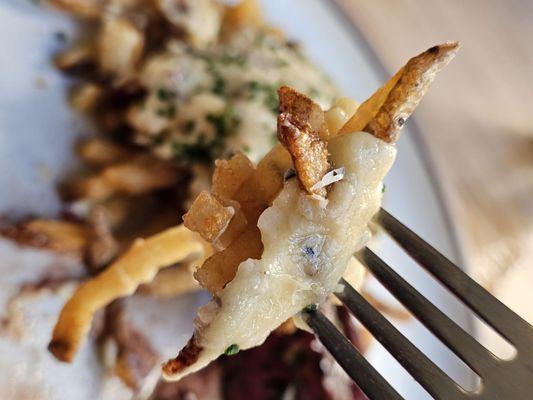 A fork holding some fries with Fondue.