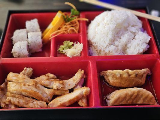 Teriyaki chicken bento box- fried gyoza is delicious, chicken was good, CA roll is good, rice was mushy