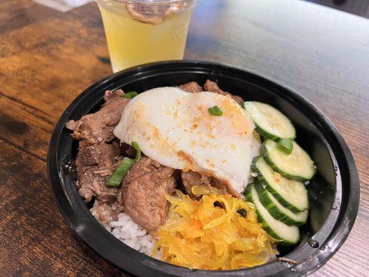 Redd's Pork Adobo Bowl - Adobo pork, scallion, cucumber, egg, rice, and pickled papaya (achara) with Ace's Calamansi Lime Soda