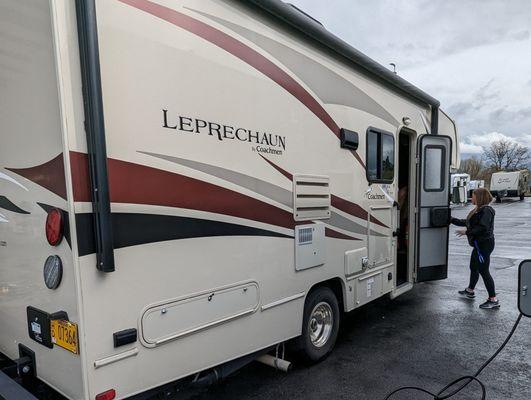 Amanda T showing us the RV we later purchased.