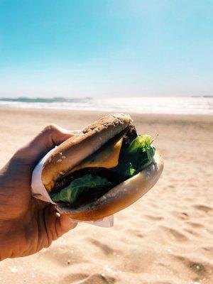 Sunset burger with veggie patty. So close to the beach you can grab a bite and eat out on the sand.