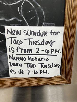 Taco Tuesday is from 2-6pm now