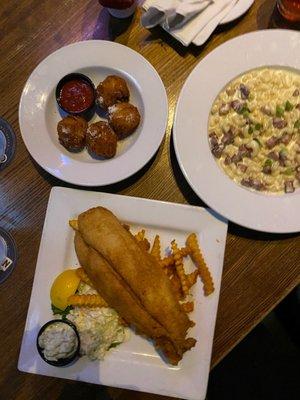 Fish and Chips , Pork Belly Smack and Fried Mac and Cheese Balls