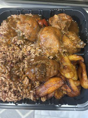 Brown Stew Chicken LG, Plantains, Rice And Peas