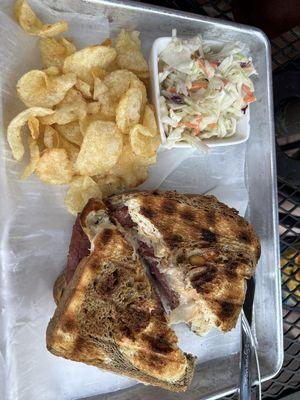 Brewben (Reuben) Sandwich with coleslaw and chips