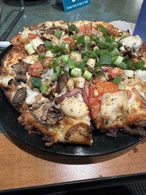 Chicken and Garlic Gourmet Pizza Personal Size. You better like green onions.