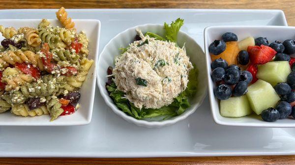 ( L to R) Mediterranean Pasta Salad, Chicken Salad, Fresh Fruit