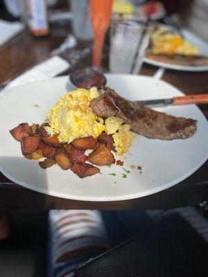 Steak and eggs--very tasty!