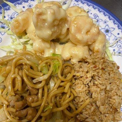 Honey Glazed Shrimp Combination with half chicken chow mein & half pork fried rice