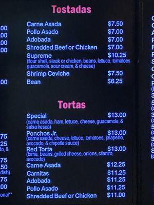 Tostadas and tortas Menu, as of December 2023