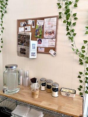 Coffee station with sugar and more