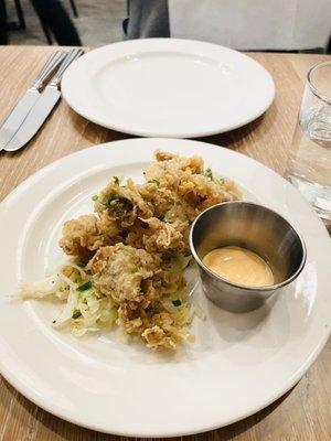 Crispy Oysters (bed of cole slaw more lime based than mayo and spicy Mayo)