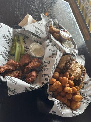 Lemon pepper wings, philly cheesesteak, tater tots, mozz sticks