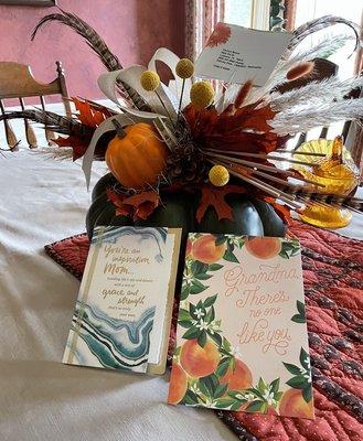 This autumn pumpkin floral was created for my mom's November birthday! I've gotten this for her twice and she loves it!