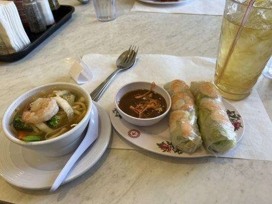 Hot and sour soup with two spring rolls. see the iced tea? Very refreshing.