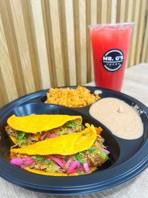 Quesabirria Combo with rice and Beans. Watermelon Lemonade Agua Fresca