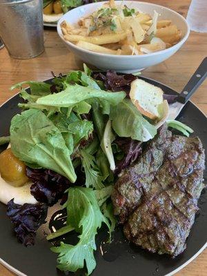 Beet salad with a side of seared steak and truffle fries! So delicious!