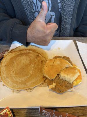 Pancakes and tenderloin biscuit