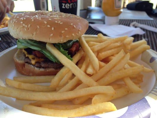 My made to order bacon cheese burger with fries. $10 though and a drink.