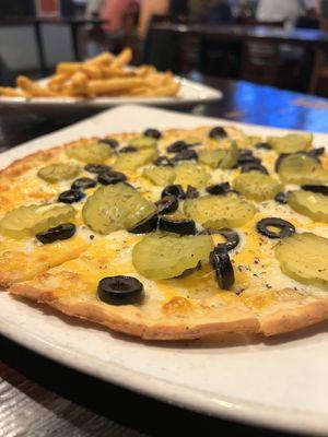 Cheese flatbread + olives and pickles