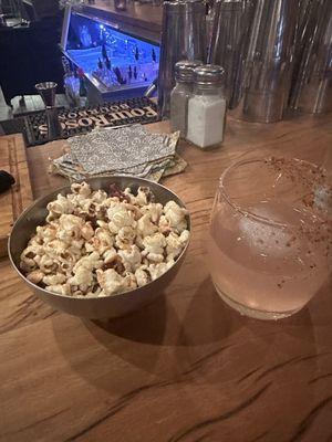 Bacony caramel popcorn - yummm and the watermelon sugar drink hit the spot.