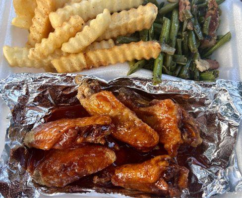 Food truck Friday - Moore's Sweet Heat Wings with fries and green beans