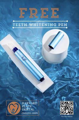 FREE Whitening Pen with every New Patient Appointment!*
 
 (*Not combined with any other offer. Upon completion of appointment)