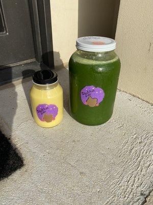 Fresh drinks at your doorstep... Kale Spinach juice and Sweet almond Tumeric milk with sea moss