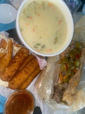 Italian Beef Sandwich Mozzarella Cheese Sticks Cream of Broccoli Soup