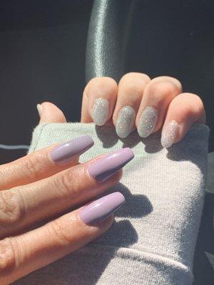 Coffin - purple nails  almond shape - glitter nails