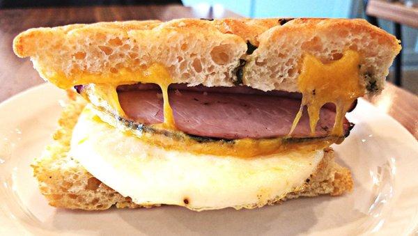 Sandwich crafted at The Flying Joe,  bread made at All Crumbs; Basil Focaccia, ham, egg and cheese