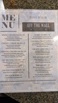 2022-2023 - off the wall lounge - menu