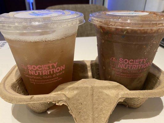 Left raspberry tea Right brownie fudge protein shake with extra scoop of protein and sprinkles