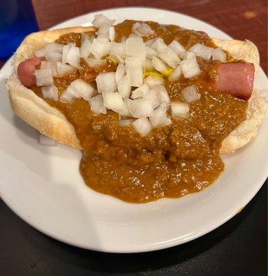 Coney dog with everything.