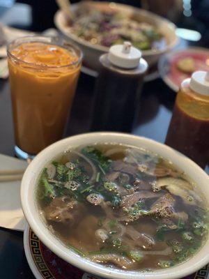 07A pho - pretty much has all the meats.  Thai iced tea. 1P. Bun Bo Hue (background)