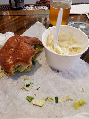 Fried chicken sammy and spud salad