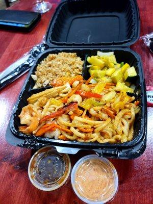 Amazing! Shrimp and scallops, hot noodles right put of the wok, perfect fried rice, squash/onions