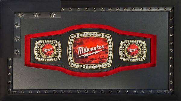 Shadow boxed wrestling belt, hand-cut faux leather matting, star fillet.