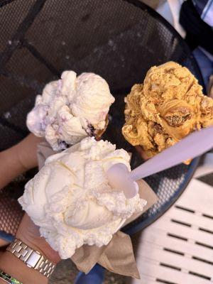 Salted caramel (top right), huckleberry cheesecake (top left), coconut pineapple (center)