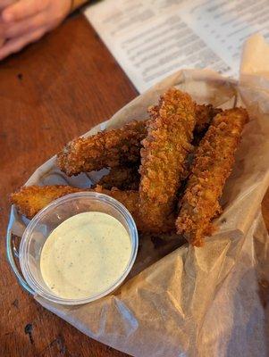 FRIED PICKLE SPEARS
 -
 Hand battered panko crusted pickle spears, jalapeño ranch- March 2023