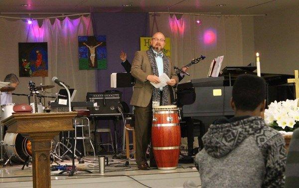 Worship Leader Jason Wright leads the 9 a.m. Sunday FUEL service in the Family Life Center at Westminster Presbyterian Church.