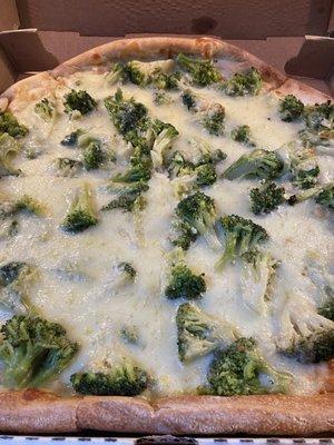 Mozzarella, broccoli, and garlic, no sauce. YUM. We order it under cooked so we can reheat it.